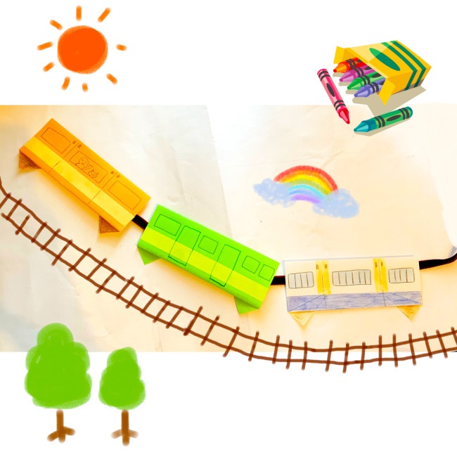 折り紙の電車 平面 ４回折るだけ簡単 電車の手作りカード 子供と楽しむ折り紙 工作
