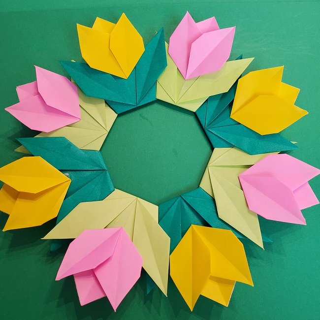 折り紙 チューリップのリース(春)の作り方★簡単かわいい春の壁飾りを手作り♪
