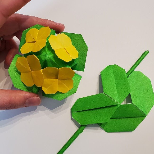 菜の花の折り紙 葉っぱと茎の作り方・折り方3完成 (1)