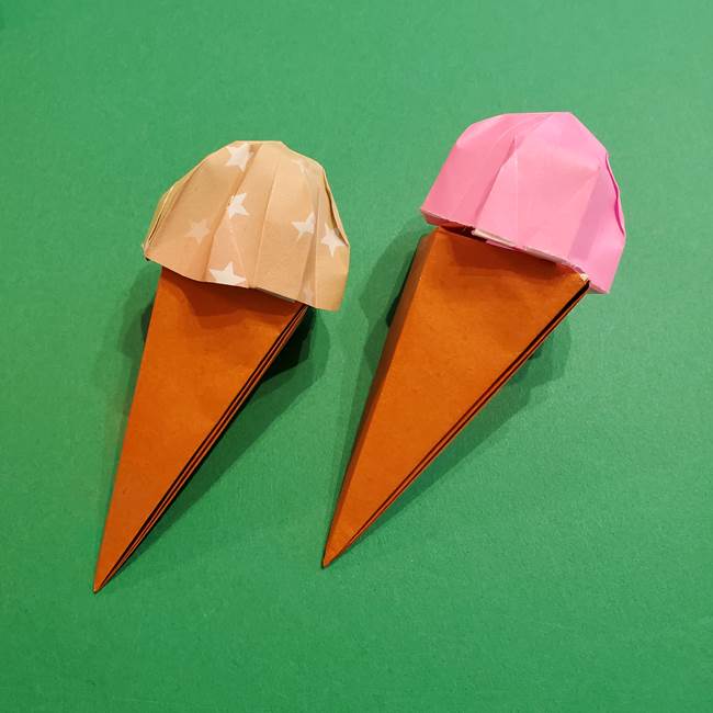 折り紙でアイスクリームコーンを立体的に製作できた 折り方作り方を紹介 子供と楽しむ折り紙 工作