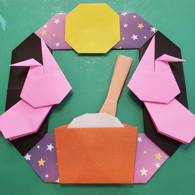 お月見の折り紙「うさぎの餅つき」簡単なリースの折り方作り方⑤完成(2)