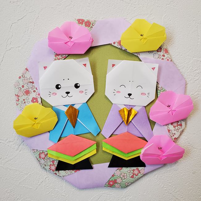 ひな祭りの折り紙 お雛様のリースの作り方｜ネコの雛人形を飾ってかわいい壁飾り♪